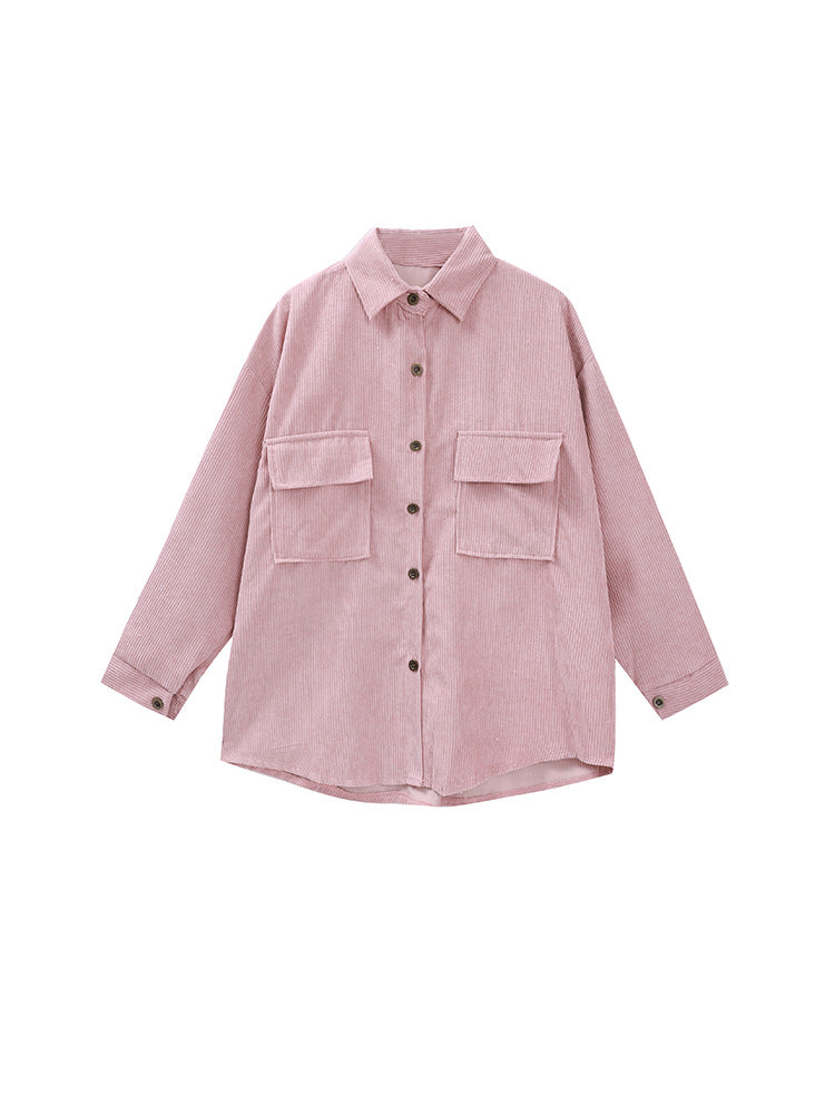fall outfits aesthetic Early Spring Loose Mid-Length Shirt Retro Hong Kong Style Long Sleeve Corduroy Coat Women's Clothing Design Sense Niche Shirt