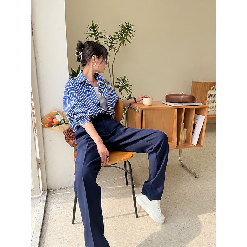 guys fits Blue Striped Shirt for Women Spring and Autumn Niche Loose Temperament Chic Shirt New Early Spring Top