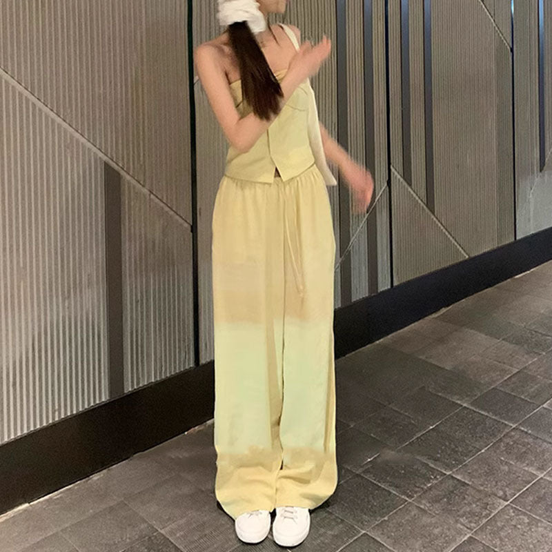 first day of school outfit summer Old Qian Style Tube Top Mop Pants Suit Cotton Linen Wide Leg Pants Casual Pants Women's Summer Design Sense Niche 2-Piece Suit