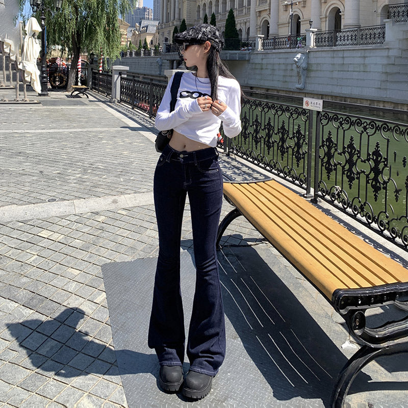 casual dinner outfit fall American Retro Hot Girl Micro Flared Jeans Women's Autumn and Winter Slim-Fit Horseshoe Pants