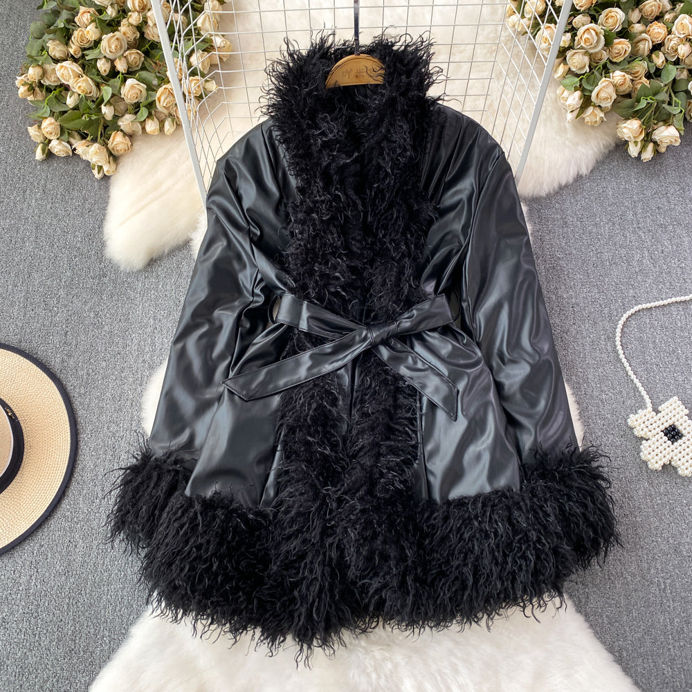 fall trends 2024 outfits Fur Integrated Retro Motorcycle Jacket Women's Autumn and Winter Loose Mid-Length Lace-up Thickened Fur Collar Jacket Top