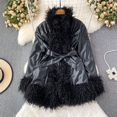 fall trends 2024 outfits Fur Integrated Retro Motorcycle Jacket Women's Autumn and Winter Loose Mid-Length Lace-up Thickened Fur Collar Jacket Top