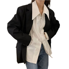 business casual outfits New High Design Large Lapel Zipper Shirt Pointed Collar Stacked Long Sleeve Shirt Lazy Style Blue Shirt for Women