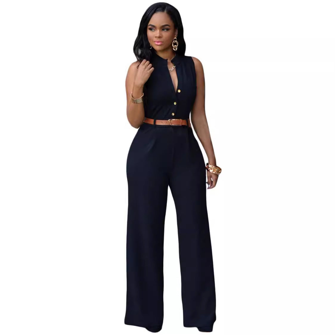 business casual Sexy Stand Collar Women's Jumpsuit Single-Breasted High Waist Hip Lifting Wide Leg Pants with Belt