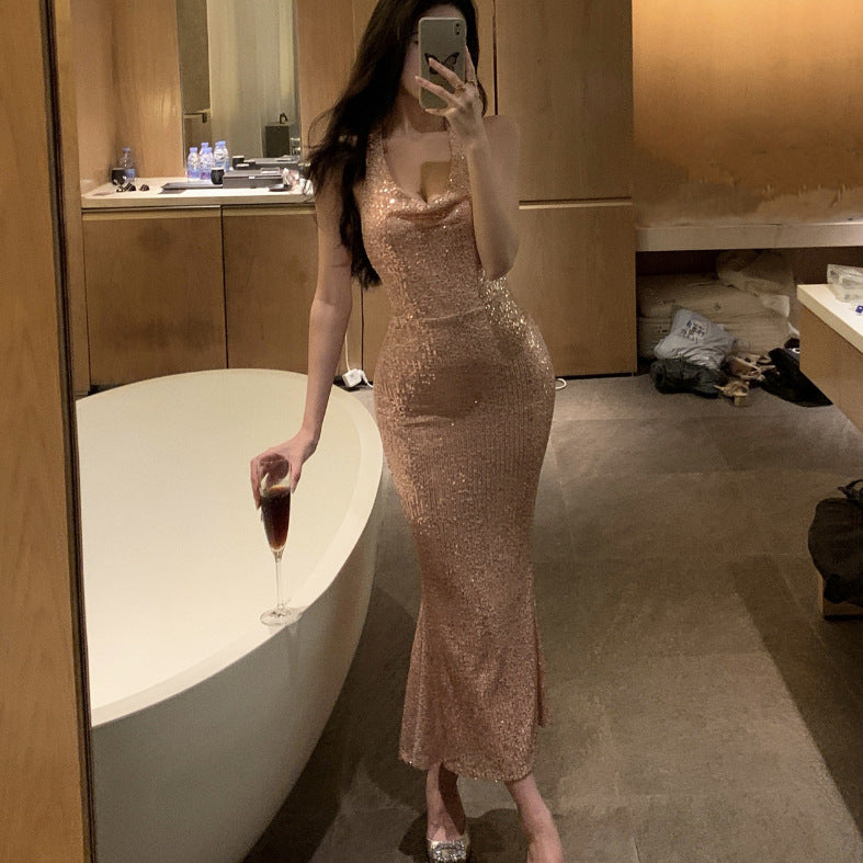 pink dress Champagne Shiny Sequined Swing Collar Light Yarn Dress for Women 2024 Summer Sexy Backless Sheath Dress