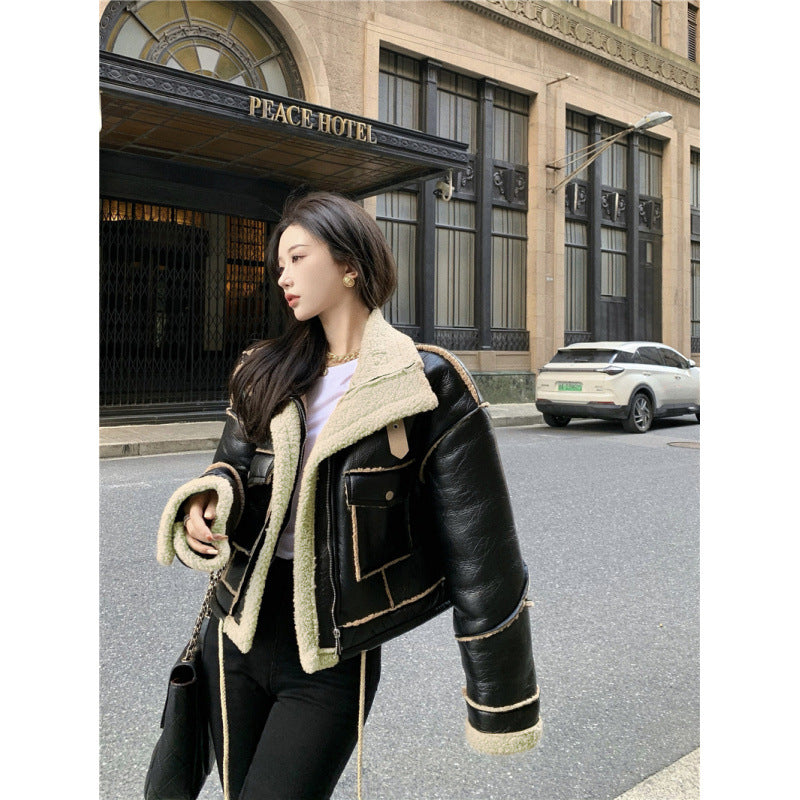 Short Leather Coat for Women Winter Fleece-lined Thickened Fur Integrated Motorcycle Clothing Lamb Fur PU Leather Jacket Fashion