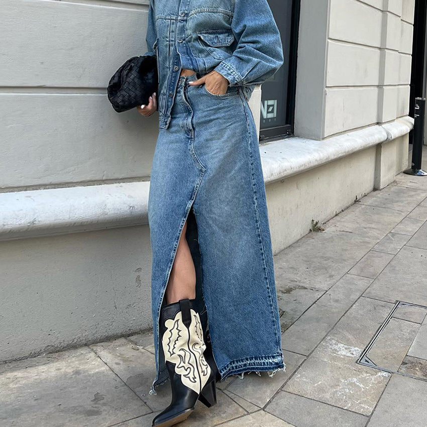 guys in skirts Summer Commuter High Waist Slimming Split Blue Denim Skirt Long Skirt Retro Distressed Sheath Skirt
