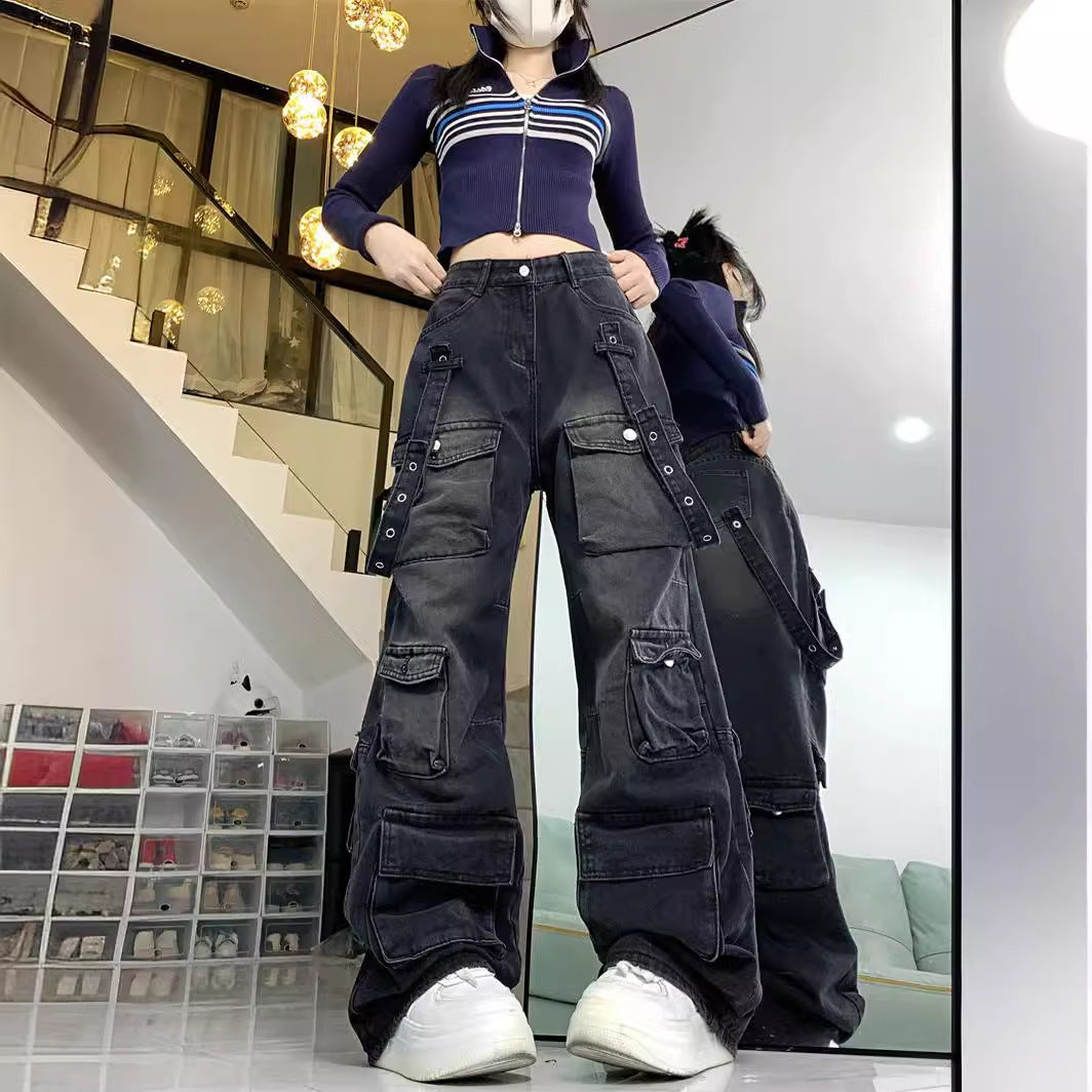 fashion outfits Multi-Pocket Workwear Jeans Wide Leg Loose Niche Washed Distressed Pants