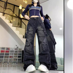 fashion outfits Multi-Pocket Workwear Jeans Wide Leg Loose Niche Washed Distressed Pants
