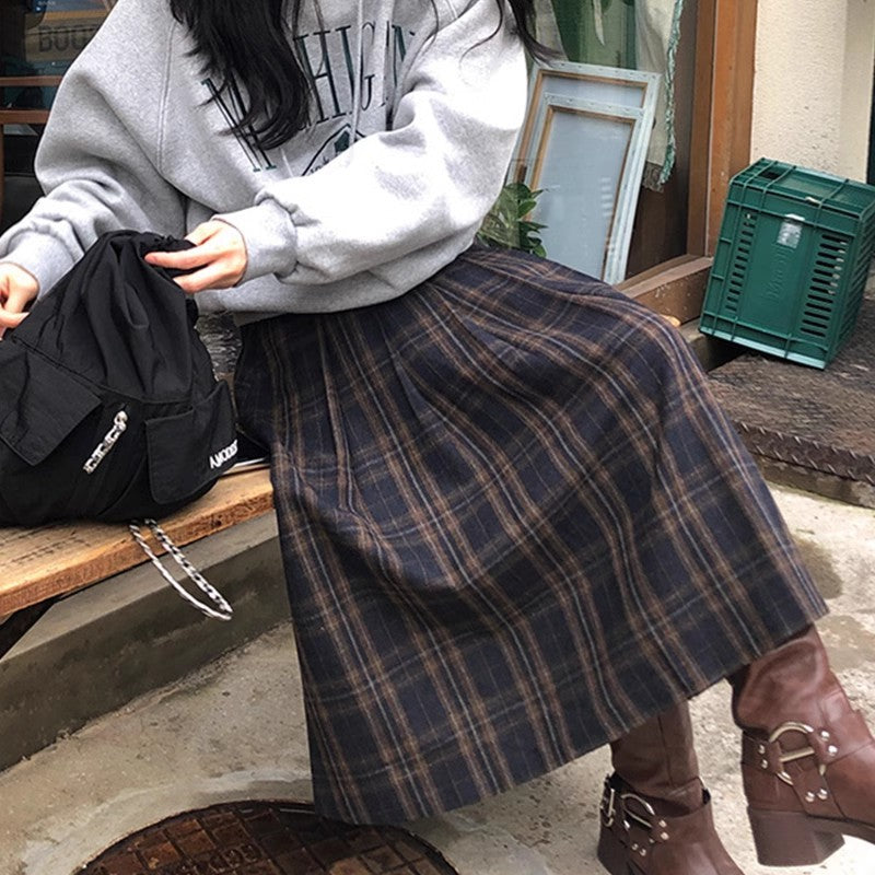 fashion outfits Chic Autumn and Winter Retro High Waist Slimming Contrast Color Plaid Design A- line Woolen Skirt