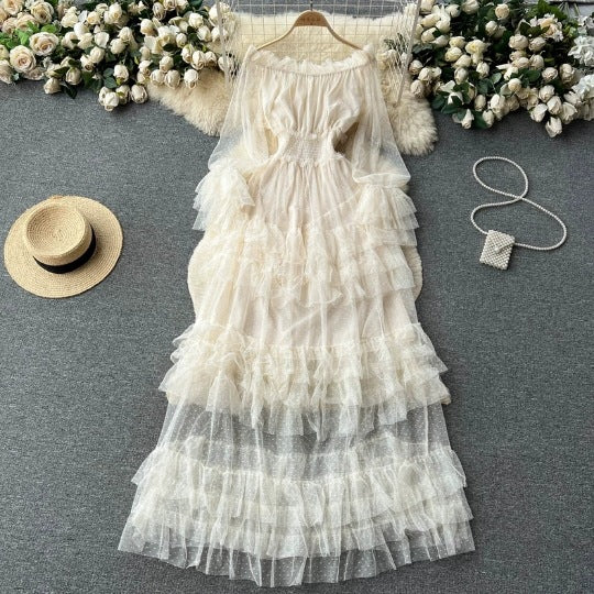 summer outfits inspo French Style High-Grade Ruffled Mesh Cake Dress Women's Waist Slimming Temperament off-Shoulder Super Fairy Long Skirt