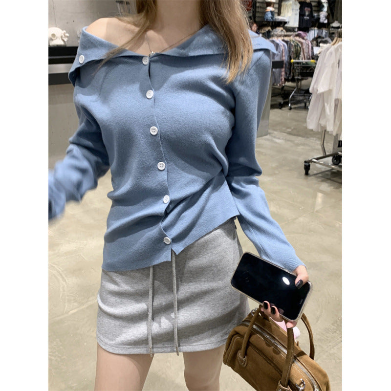 trending fall outfits Fall Korean-Style off-Neck Long-Sleeved Sweater Two-Way Slim-Fit Slimming Lapel off-Shoulder Top