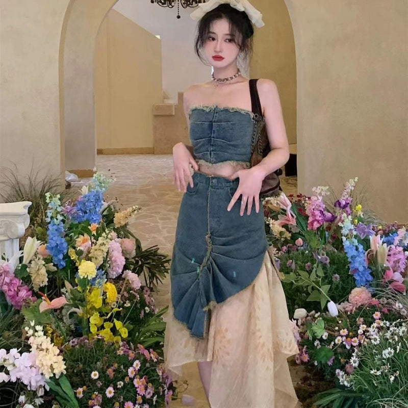 fall trends 2024 outfits [Two-Piece Set] Hot Girl Irregular Tube Top Denim + Distressed Tie-Dye Stitching Skirt Suit