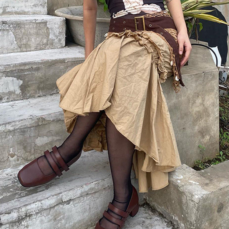 fbi agent costume American-Style Retro Irregular Pleated Skirt Autumn Multi-Layer Ruffled High Waist Woven Skirt for Women