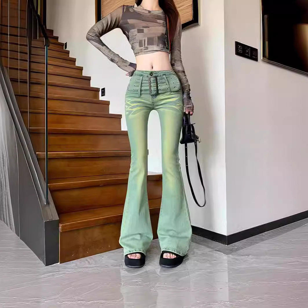 y2k outfits Retro Gradient Color Micro Flared Jeans Women's Autumn American High Waist Stretch Slim Horseshoe Mopping Pants