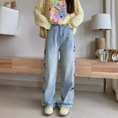 outfit ideas for school Summer New American High Street High Waist All-Match Bow Embroidery Denim Wide Leg Pants