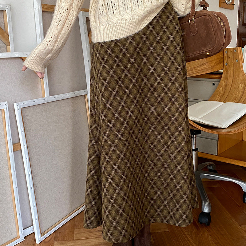 midi skirt outfit fall Maillard Retro Coffee Green Plaid Skirt Women's Long Skirt Autumn and Winter High Waist A- line Skirt