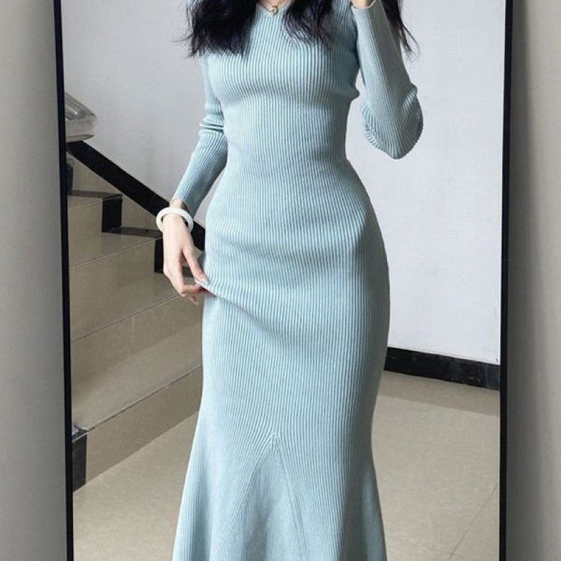 2000s fashion Gentle Hepburn Style Square Collar Knitted Dress Women's Autumn and Winter New Style with Overcoat Slim Fit Slimming Inner Sweater Dress