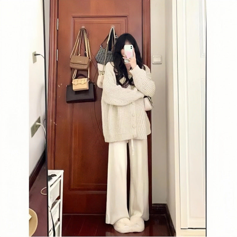 fall outfits women Autumn and Winter Creamy-white Lazy Style Sweater Wide Leg Pants High-Grade Three-Piece Suit