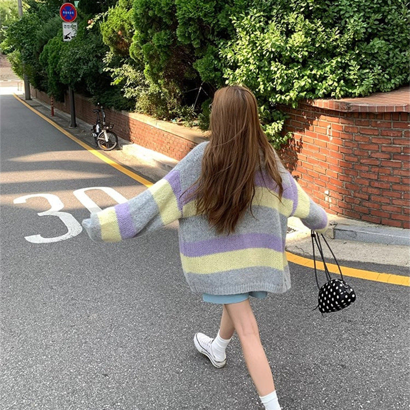 casual fall outfits Color Matching Striped Sweater Coat Early Autumn Loose Soft Glutinous Lazy Knitted Cardigan for Women