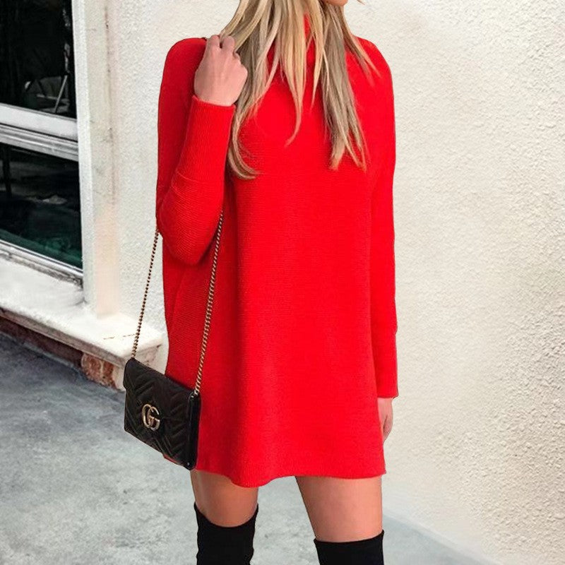 women’s fall fashion Women's Autumn and Winter Fashion Long Sleeve Mid Collar Solid Color Sweater Dress