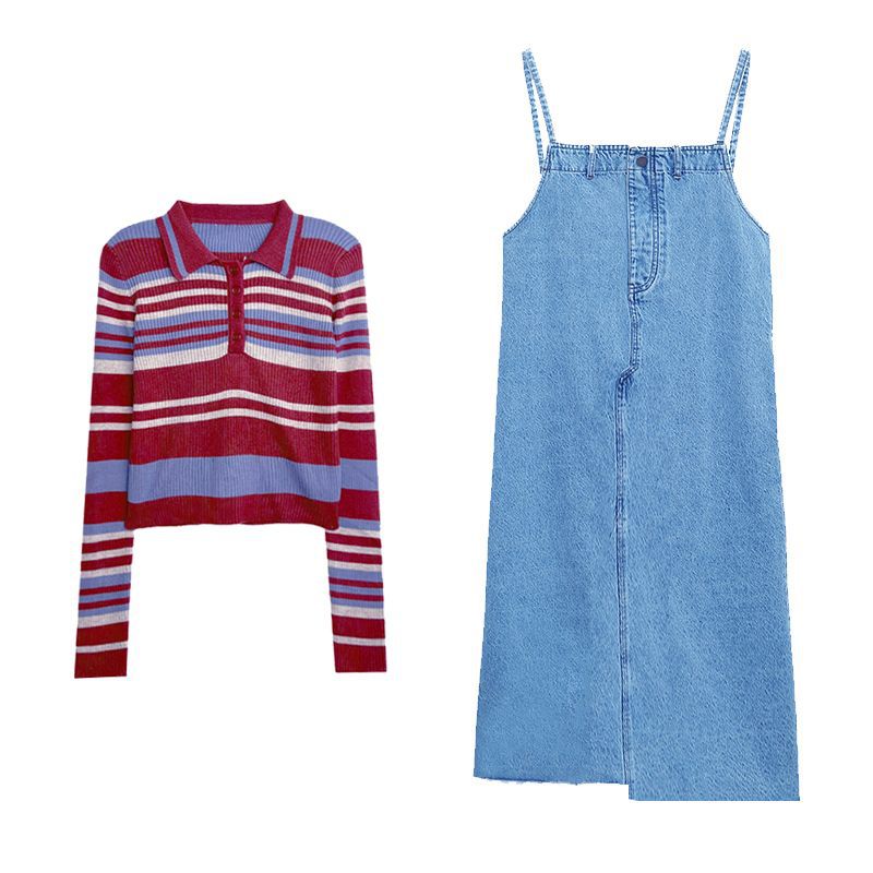 90s fashion Spring Denim Suspender Skirt Two-Piece Suit Female Sweet Gentle Korean Drama French Chanel Style Dress