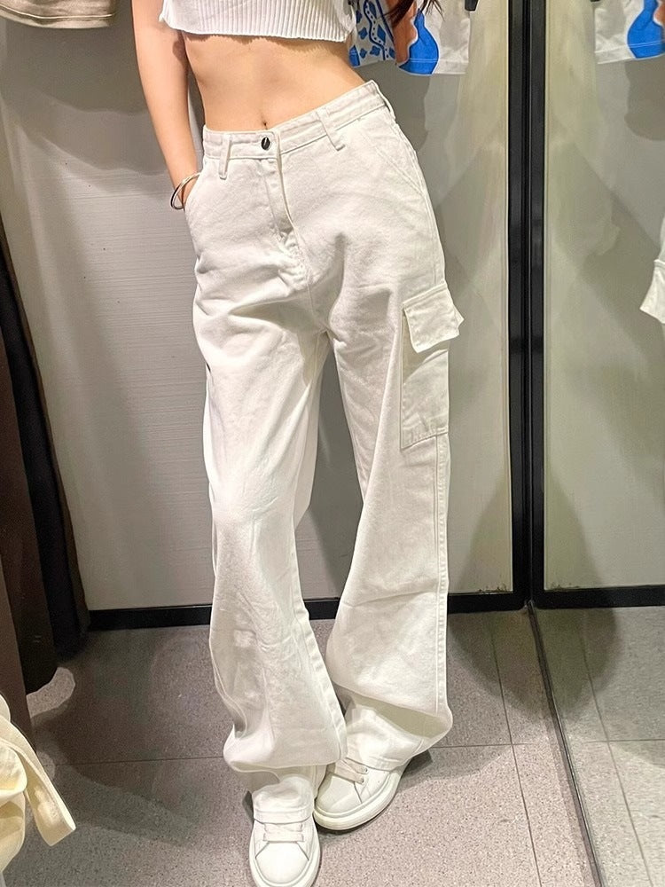 guys clothing styles White High Street Straight Denim Overalls Women's Autumn High Waist Loose Slimming Wide Leg Casual Pants