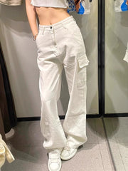 guys clothing styles White High Street Straight Denim Overalls Women's Autumn High Waist Loose Slimming Wide Leg Casual Pants