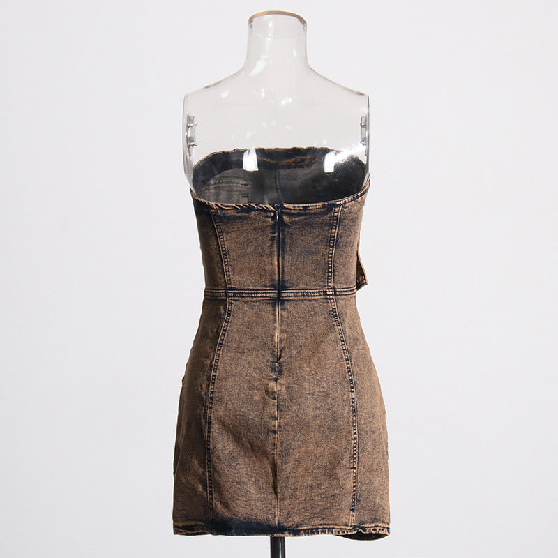 outfit inspo Personalized Street Denim Hip Skirt Spring New Solid Color Stitching Multi-Pocket Tube Top High Waist Dress Women