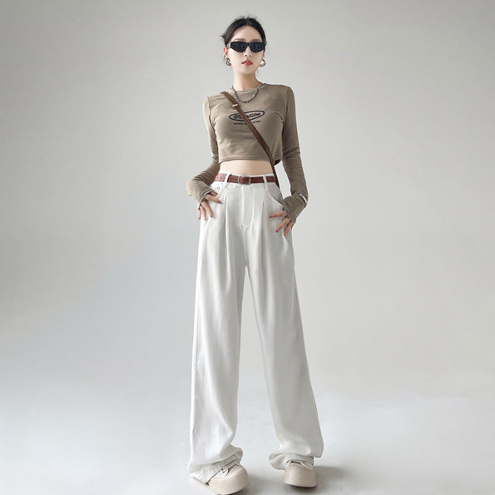 business casual outfits High Waist Pleated White Wide Leg Jeans for Women Spring and Autumn American Style Loose Draping Slimming Straight Mop