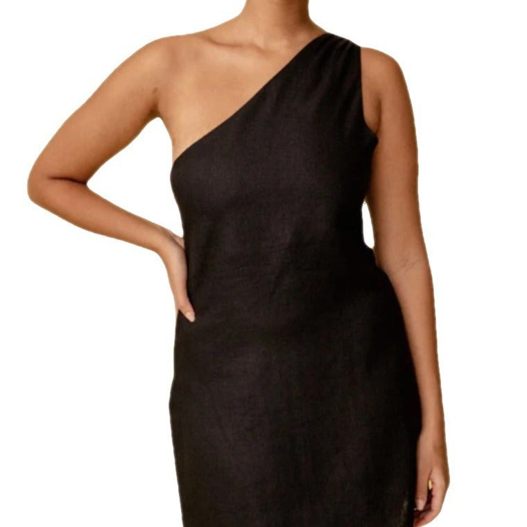 casual summer outfits Wishl New Women's Clothing New Solid Color Slim Temperament Commuter Shoulder Dress