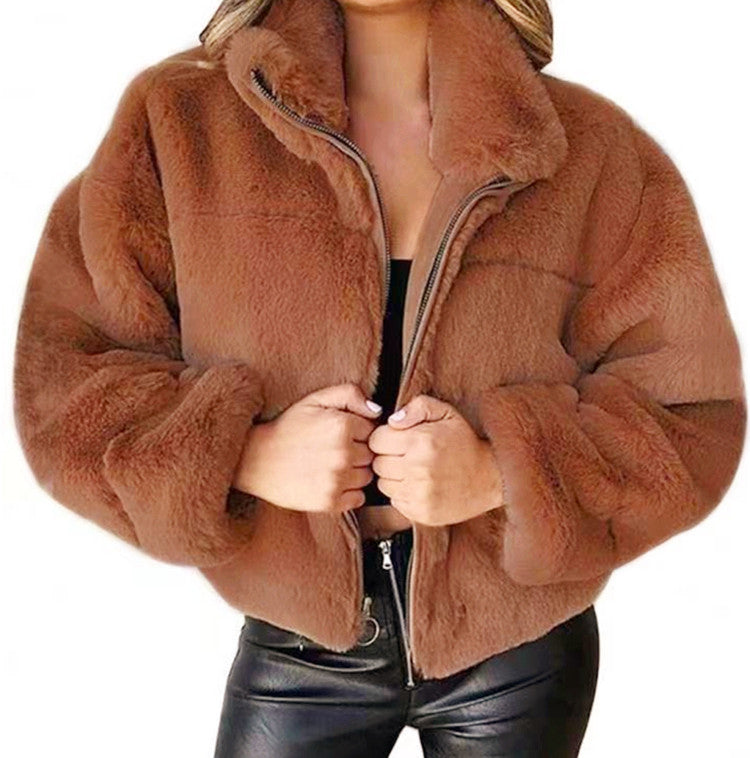 Women's Autumn and Winter Rabbit Fur Faux Fur Zipper Cardigan Plush Warm Coat
