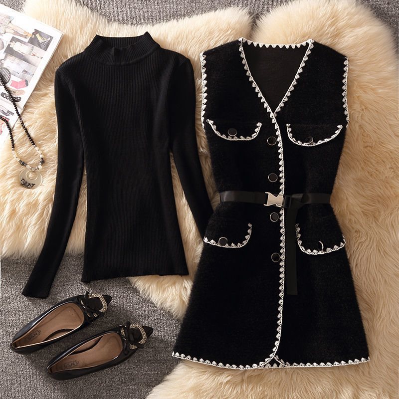 barn jacket outfits Spring Contrast Color Woolen Vest Mid-Length Suit Women's Half Turtleneck Sweater Sweater Western Style Two-Piece Set