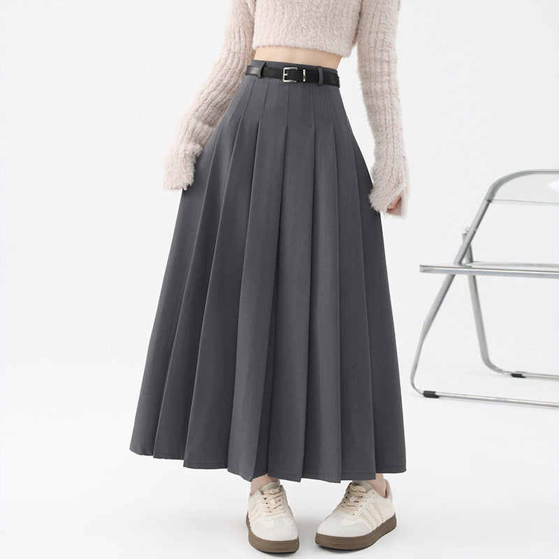 outfit ideas Skirt Women's Autumn and Winter High Waist Slimming Pleated Skirt Belt Large Swing High Waist Suit Elegant Fashion Mid-Length Skirt
