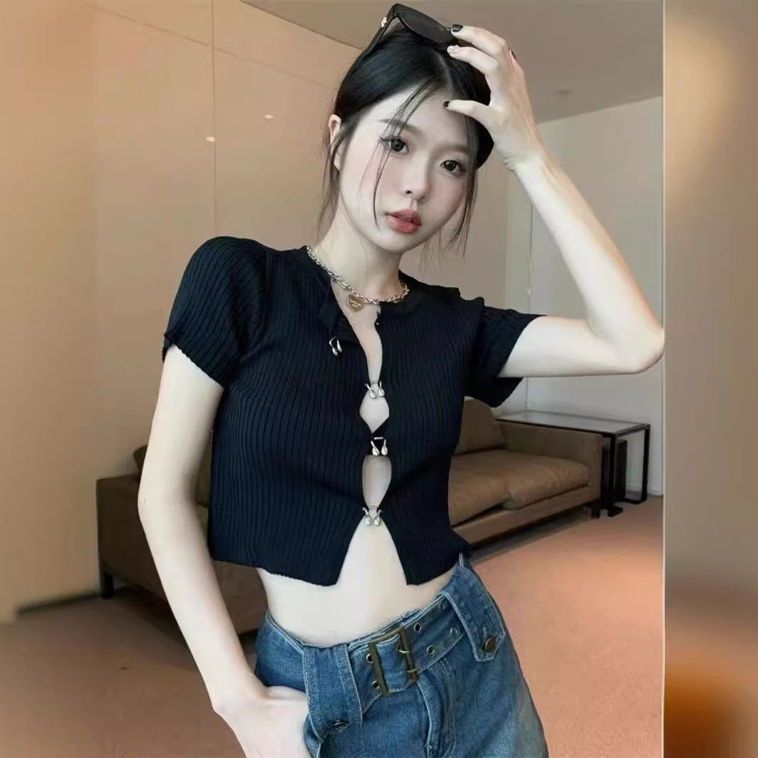 going out outfits Knitwear Women's Niche Hot Girl Sexy Hollow-out Scheming Spring Inner Short Bottoming Top