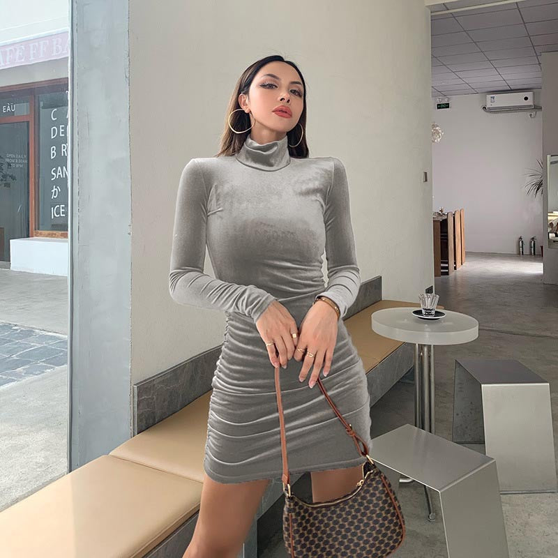 New Dress Women's Autumn and Winter Women's Clothing Long Sleeve Sexy Slim Fit Hot Girl Shrink Fold Suede