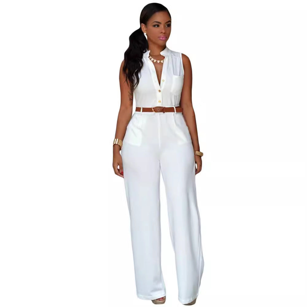 business casual Sexy Stand Collar Women's Jumpsuit Single-Breasted High Waist Hip Lifting Wide Leg Pants with Belt