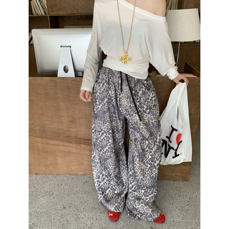 brunch outfit fall American Retro Leopard Print Wide-Leg Pants Women's Slimming Straight Pants Elastic Waist Casual Pants Sports Pants Mopping Pants