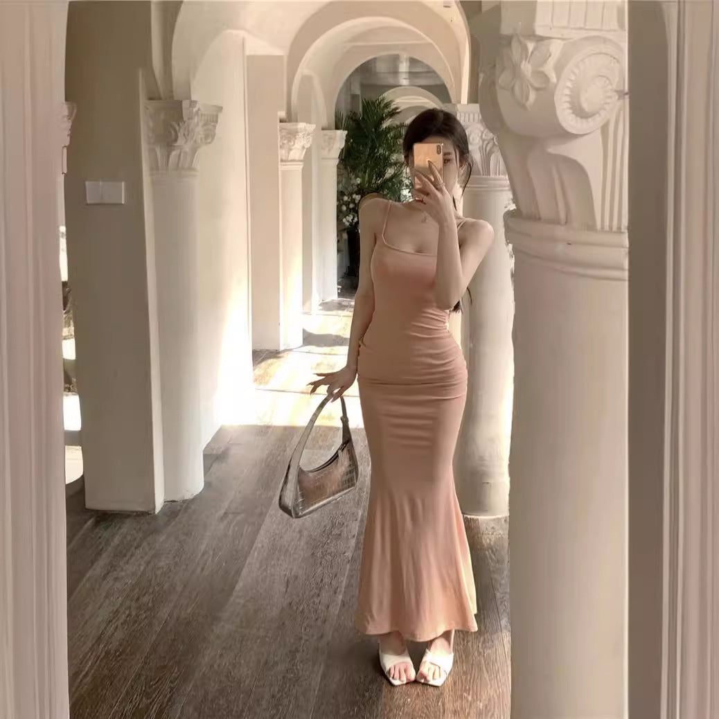 prom dresses Camisole Dress Women's Summer Sexy Pleated Waist Slimming Mid-Length Tight Sheath Fishtail Skirt