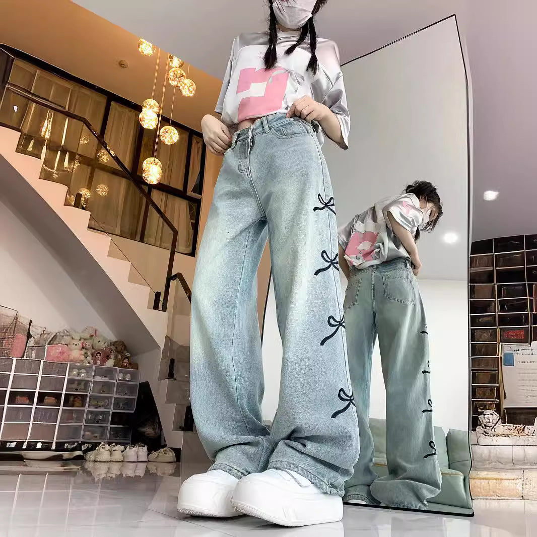 outfit ideas for school Women's Bowknot Embroidered Light-Colored Jeans Summer New Loose Straight Wide-Leg Mop Long Pants