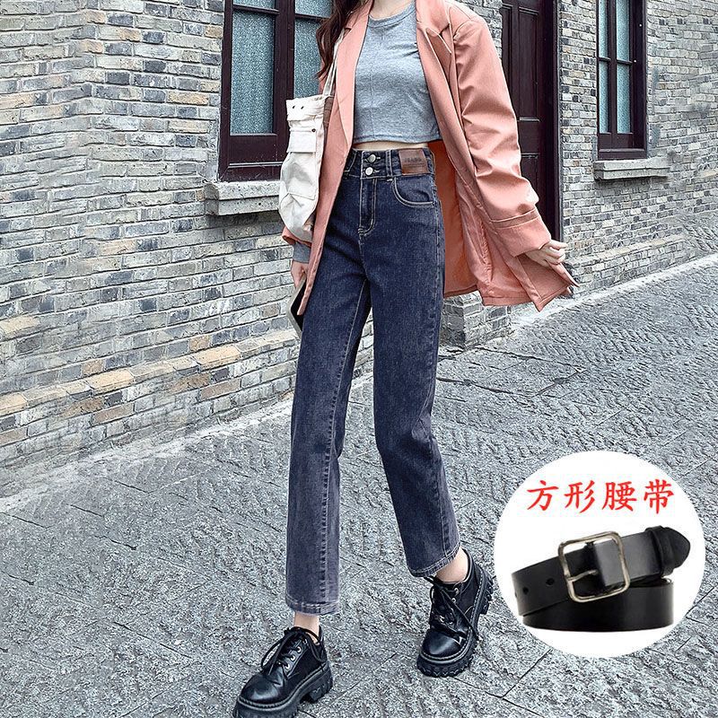 fashion outfits Jeans High Waist Women's Summer Retro Straight Autumn Elastic Double Buckle Cropped Small Pipe Pants Fashion