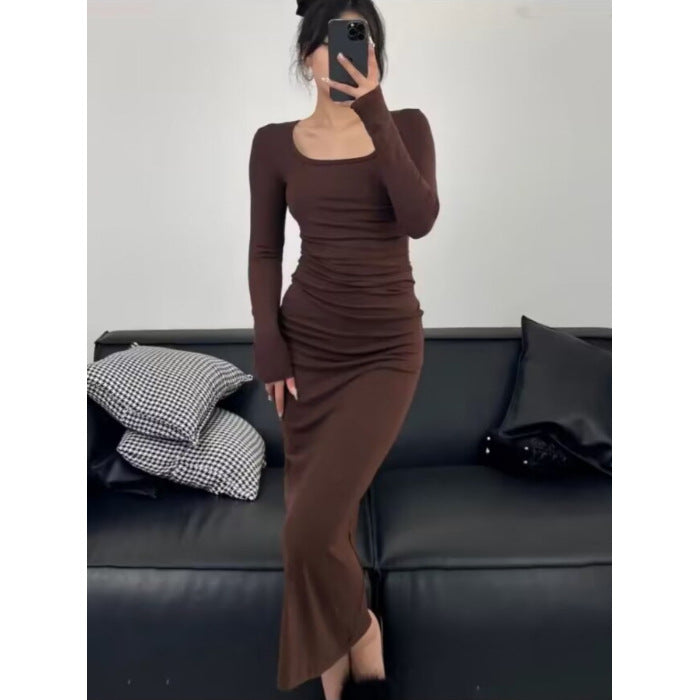 fashion outfits Autumn and Winter Korean Style Square Collar Long Sleeve Solid Color Mid-Length Dress High Waist Slimming Hip Skirt
