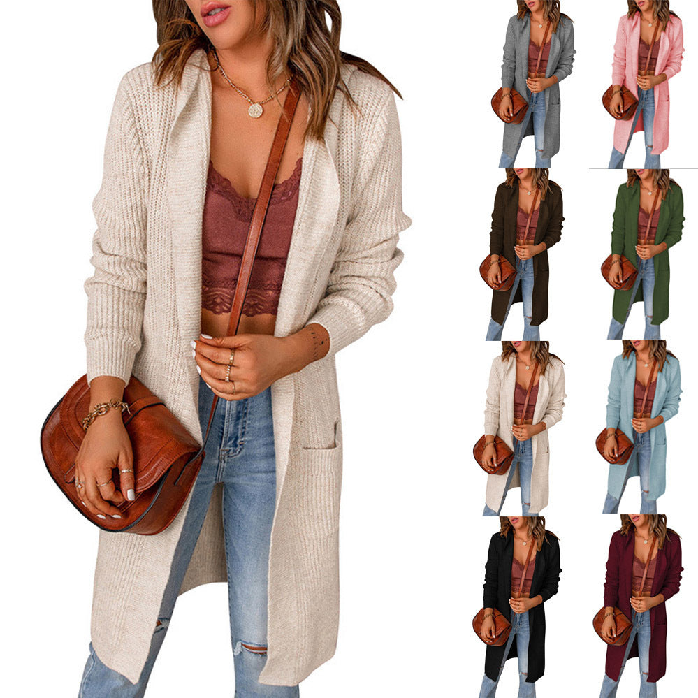 Fashion Autumn and Winter New Solid Color Hooded Coat Women's Mid-Length Shirt Long Sleeve Sweater