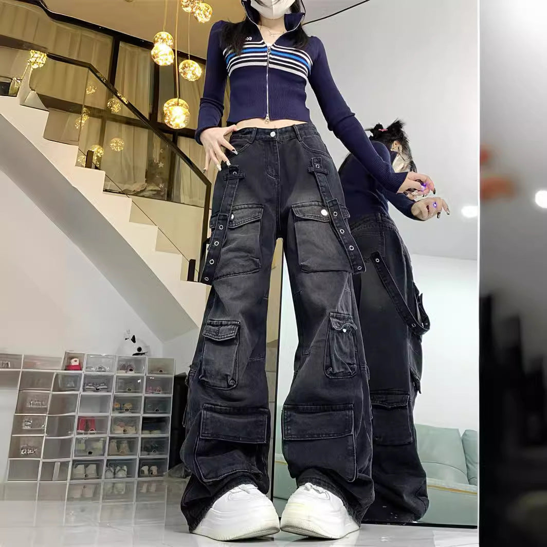 fashion outfits Multi-Pocket Workwear Jeans Wide Leg Loose Niche Washed Distressed Pants