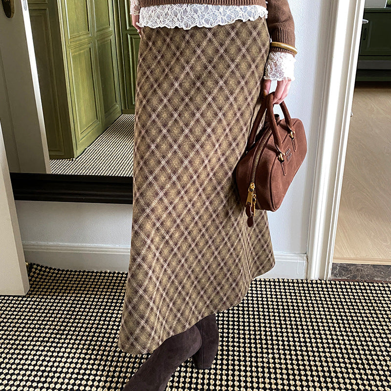 midi skirt outfit fall Maillard Retro Coffee Green Plaid Skirt Women's Long Skirt Autumn and Winter High Waist A- line Skirt