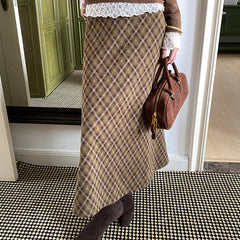 midi skirt outfit fall Maillard Retro Coffee Green Plaid Skirt Women's Long Skirt Autumn and Winter High Waist A- line Skirt