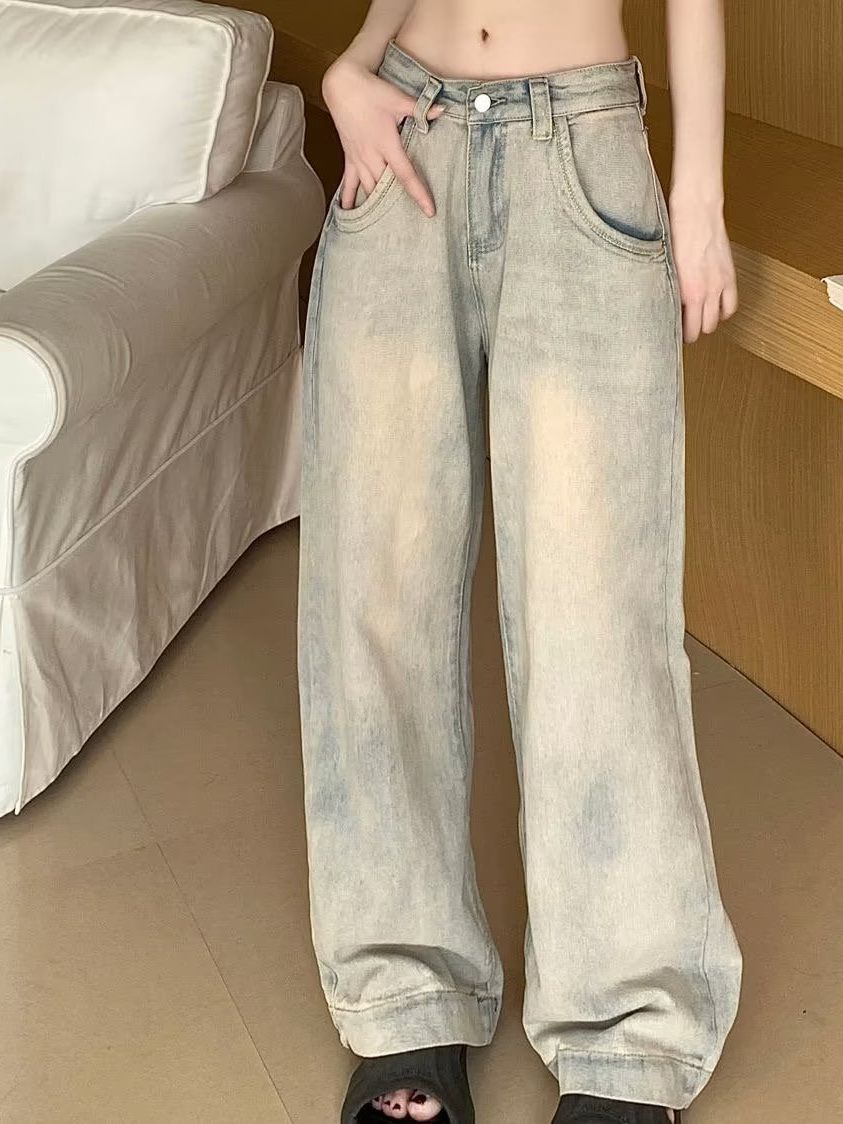 outfit inspo American High Street Distressed Jeans Women's Autumn Small High Waist Loose Slimming Washed Straight Mop Wide Leg Pants