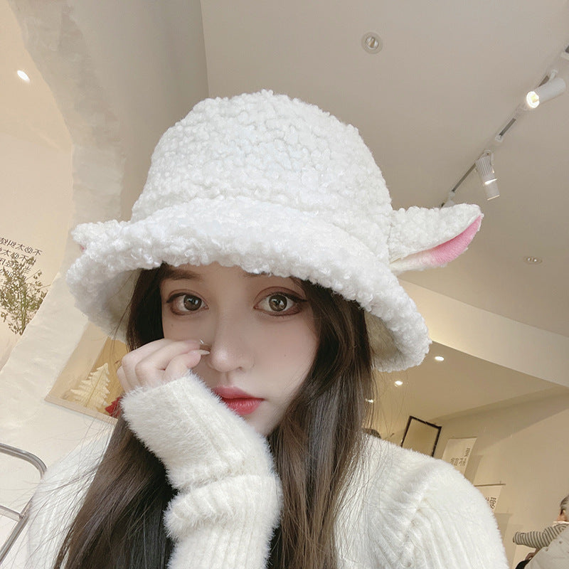 lolíta fashion dress to impress Hat Female Winter Cute Cartoon Lamb Ears Fisherman Hat All-Match Warm Lamb Plush Ear Protection Basin Hat