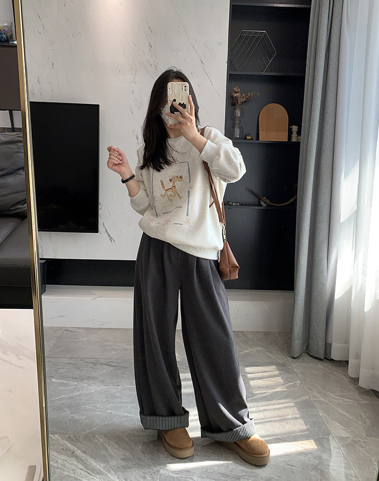 fall outfits women Flanging Design Fleece Wide-Leg Pants Autumn and Winter New High Waist Loose Slimming Korean Casual Trousers