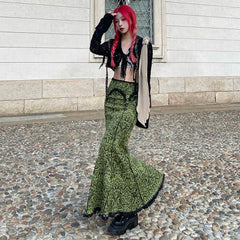 fall outfits women Vintage Printed Reverse Lace Irregular Elastic Waist Slim Fishtail Long Skirt